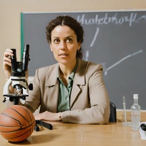 KI-generiertes Bild mit „Text zu Bild“ über canva.com. Prompt: Eine Lehrerin vor einer Tafel am Tisch. Auf dem Tisch stehen links ein Basketball und rechts ein Mikroskop. Sie schaut fragend in die Kamera.